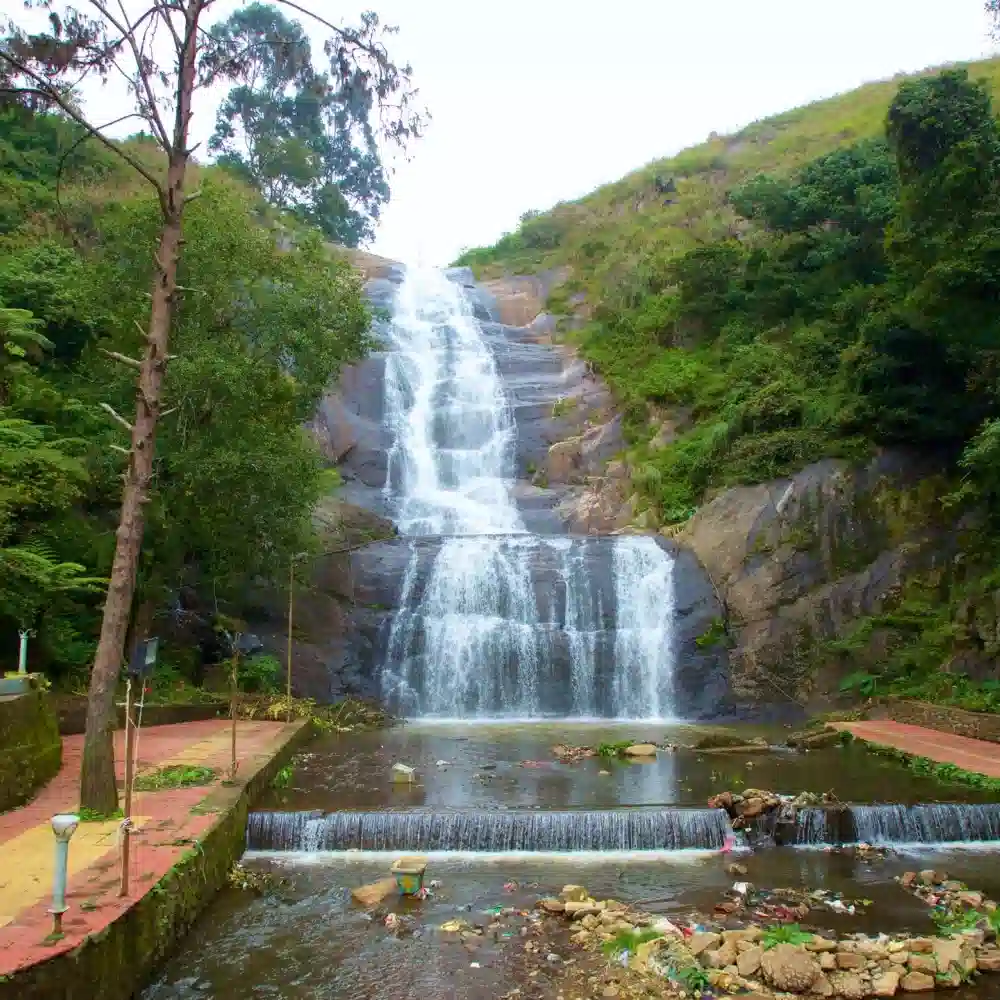 The Silver Cascade Falls in Kodaikanal, a tiered waterfall crashing over rocks into a stream bed by the roadside forest.